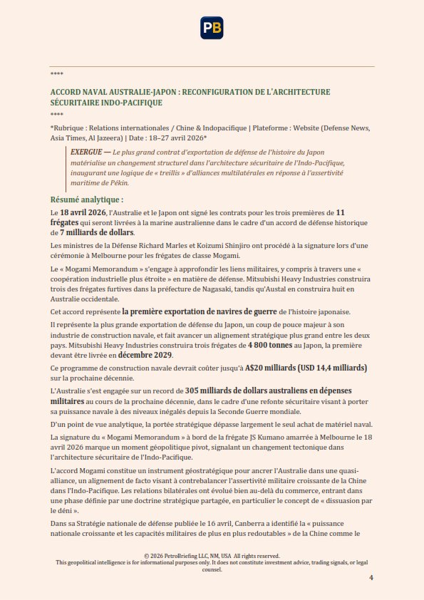 Extrait PetroBriefing — Accord naval Australie-Japon mai 2026